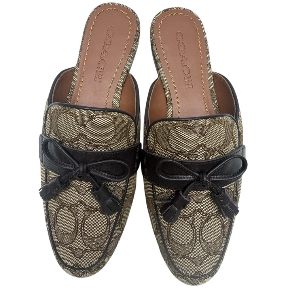 NEW‎ COACH Size 6B Women's Shoes Slide Khaki Jacquard SIG Leather Trim - Picture 3 of 8